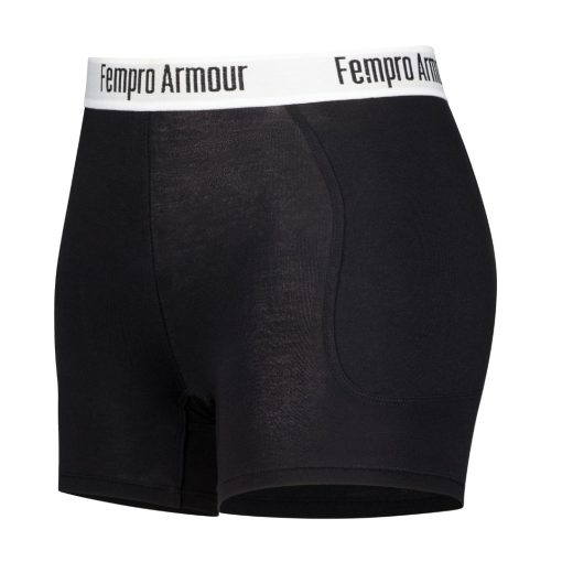 Black high-waisted athletic protection pants with a white waistband labeled "Fempro Armour
