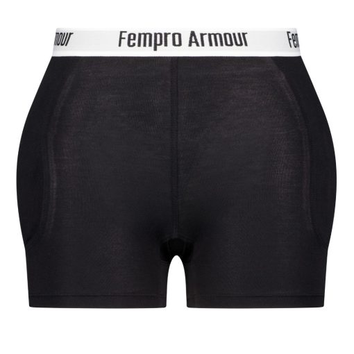 Black high-waisted athletic protection pants with a white waistband labeled "Fempro Armour