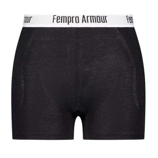 Front view of black high-waisted athletic protection pants with a white waistband labeled "Fempro Armour