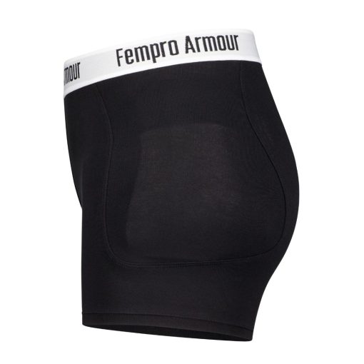 Black high-waisted athletic protection pants with a white waistband labeled "Fempro Armour