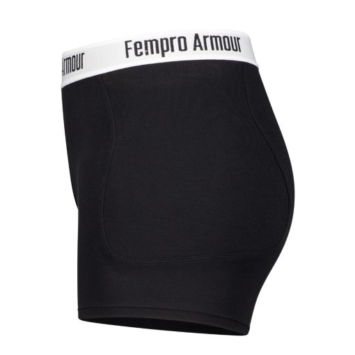 Black high-waisted athletic protection pants with a white waistband labeled "Fempro Armour