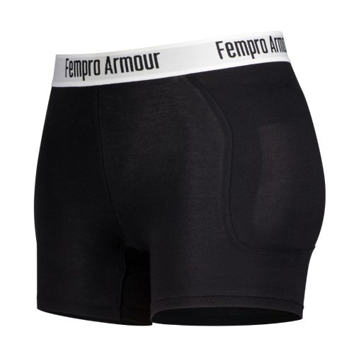 Black high-waisted athletic protection pants with a white waistband labeled "Fempro Armour