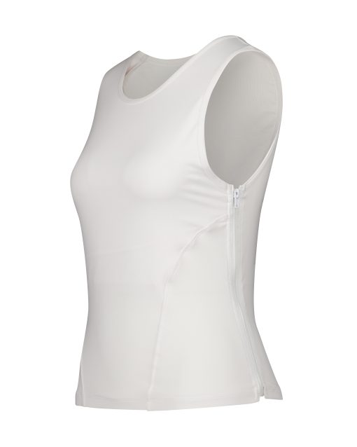 White sleeveless athletic compression top with side zipper