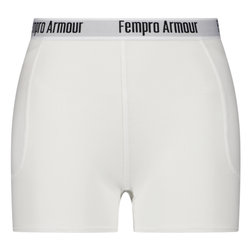 White athletic hip protection pants with Fempro Armour branding on the waistband