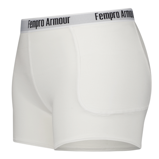 White athletic hip protection pants with Fempro Armour branding on the waistband