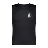 Black sleeveless sports protection undershirt with a white abstract logo on the chest