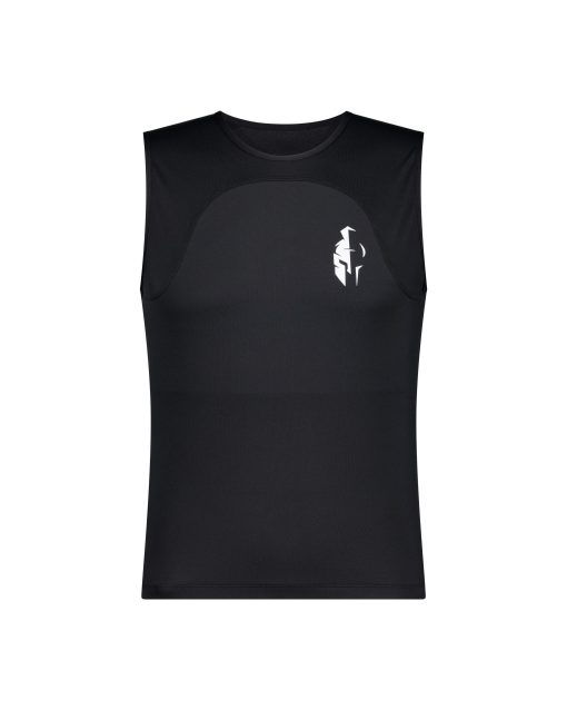 Black sleeveless sports protection undershirt with a white abstract logo on the chest