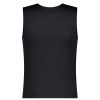 Black sleeveless sports tank top with a white abstract logo on the chest