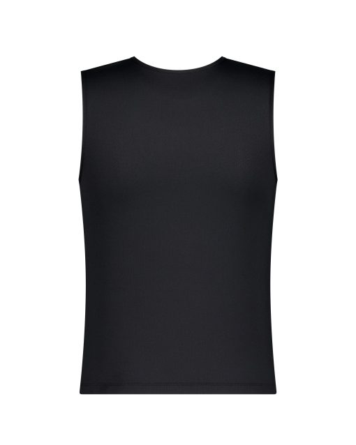Black sleeveless sports tank top with a white abstract logo on the chest