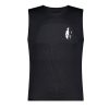 Black sleeveless sports protection undershirt with a white abstract logo on the chest