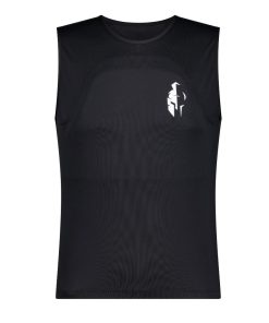 Black sleeveless sports protection undershirt with a white abstract logo on the chest