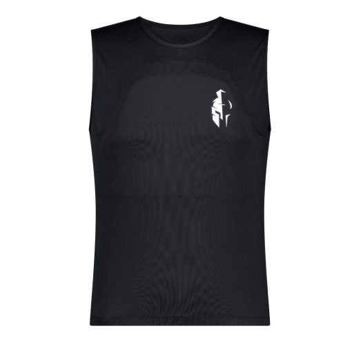 Black sleeveless sports protection undershirt with a white abstract logo on the chest