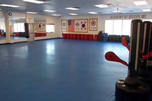 Spacious martial arts training hall with blue mats and hanging bags