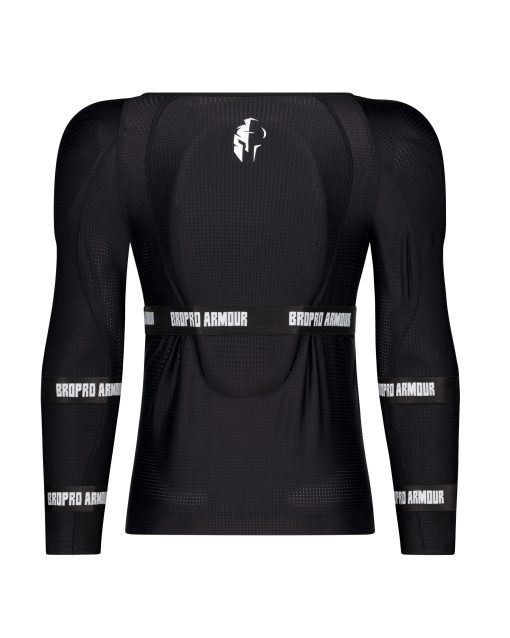 Back view of a black long-sleeved compression shirt with brand logos