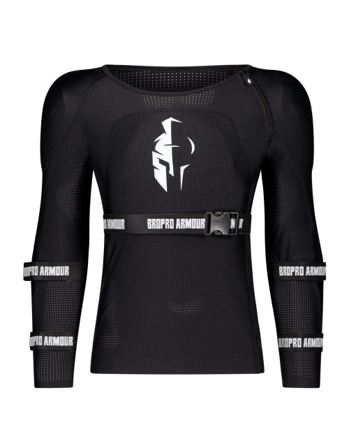 Front view of a black long-sleeved full body armour jersey with brand logos