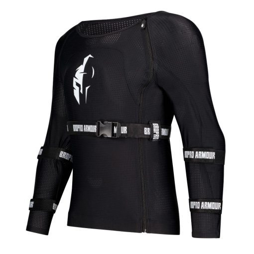 Front view of a black long-sleeved full body armour jersey with brand logos