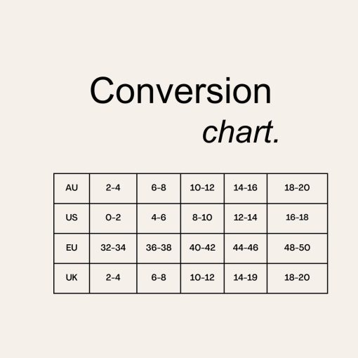 Clothing size conversion chart for AU, US, EU, and UK sizes.