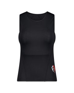 Black sleeveless motorcycle base layer with a red and white logo on the side
