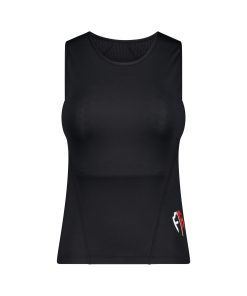 Black sleeveless motorcycle base layer with a red and white logo on the side