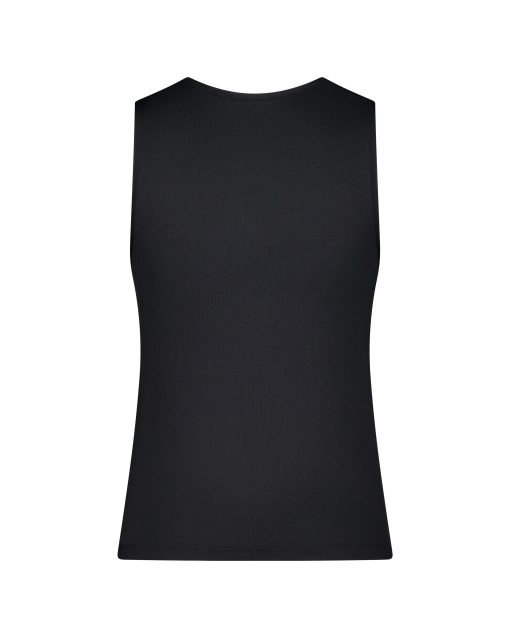 Back view of a black Fempro Armour protection singlet with a seamless design