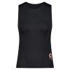 Front view of a black Fempro Armour protection singlet with a seamless design and red and white logo