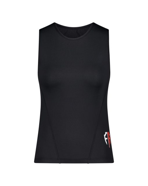 Front view of a black Fempro Armour protection singlet with a seamless design and red and white logo