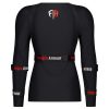 Black protective body armor with red and white logo designed for female athletes.