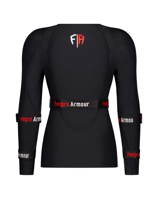 Black protective body armor with red and white logo designed for female athletes.