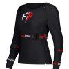 Black protective body armor with red and white logo designed for female athletes.