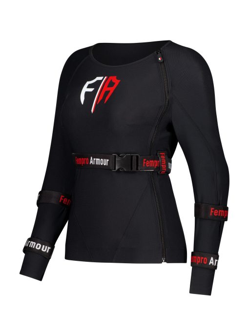 Black protective body armor with red and white logo designed for female athletes.