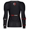 Black protective body armor with red and white logo designed for female athletes.