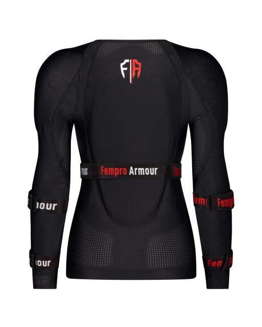 Black protective body armor with red and white logo designed for female athletes.