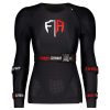 Black protective body armor with red and white logo designed for female athletes.