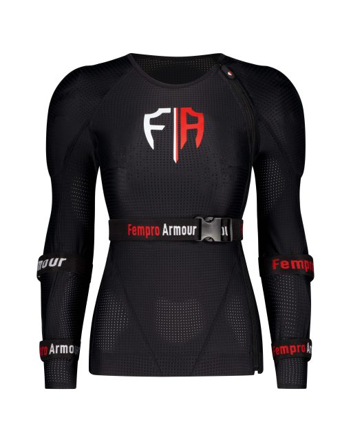 Black protective body armor with red and white logo designed for female athletes.