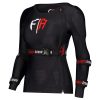 Black protective body armor with red and white logo designed for female athletes.