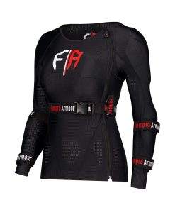Black protective body armor with red and white logo designed for female athletes.