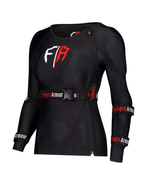 Black protective body armor with red and white logo designed for female athletes.