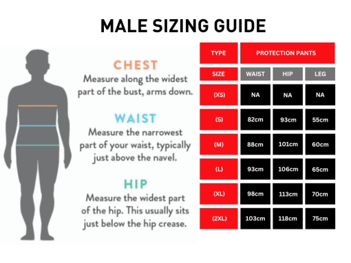 male sizing chart for protection pants, explaining the different size options