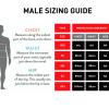 sizing guide for male protection undershirt, explaining the sizing chart