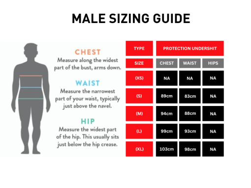 sizing guide for male protection undershirt, explaining the sizing chart