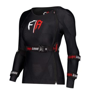 Black full-sleeve motorcycle armor jacket with red and white branding