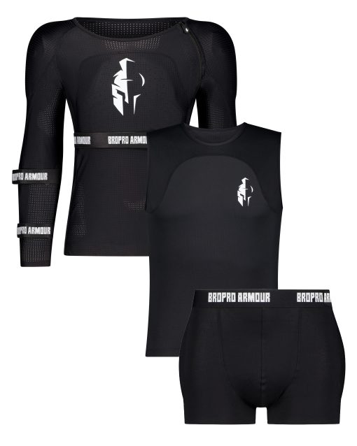 Assortment of Bropro Armour sports protective gear including a long-sleeve mesh jersey, tank top, and shorts