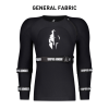 Black protective body armor with red and white logo designed for male athletes.