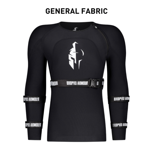 Black protective body armor with red and white logo designed for male athletes.