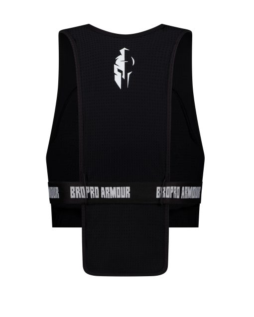 Black pro light sports vest with white Bropro Armour logo, back side showing