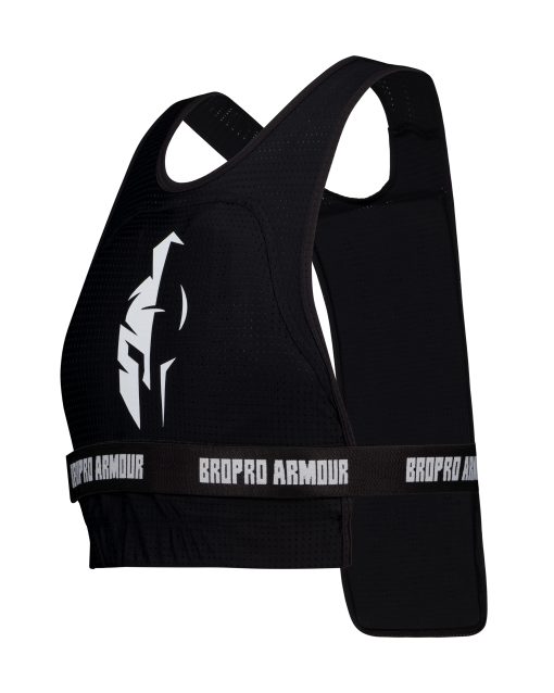 Black pro light sports vest with white Bropro Armour logo