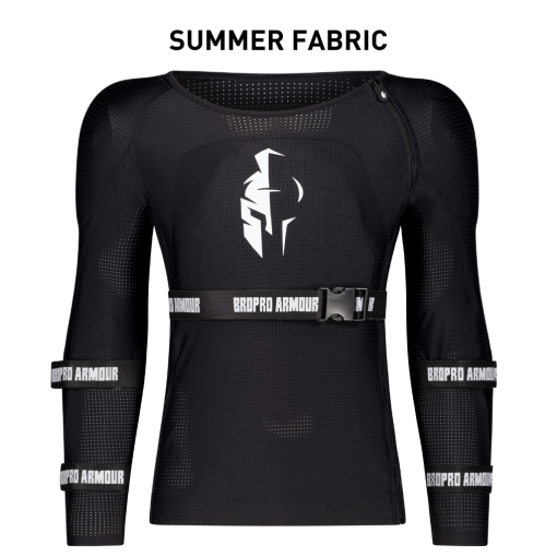 Black protective body armor with white logo designed for male athletes.