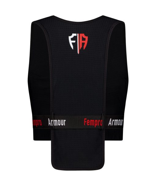 Black pro light sports vest with a red and white Fempro Armour logo on the back.