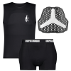 Black sports gear set with chest protector and compression shorts labeled Bropro Armour.