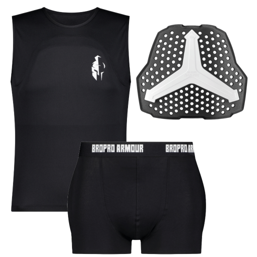 Black sports gear set with chest protector and compression shorts labeled Bropro Armour.